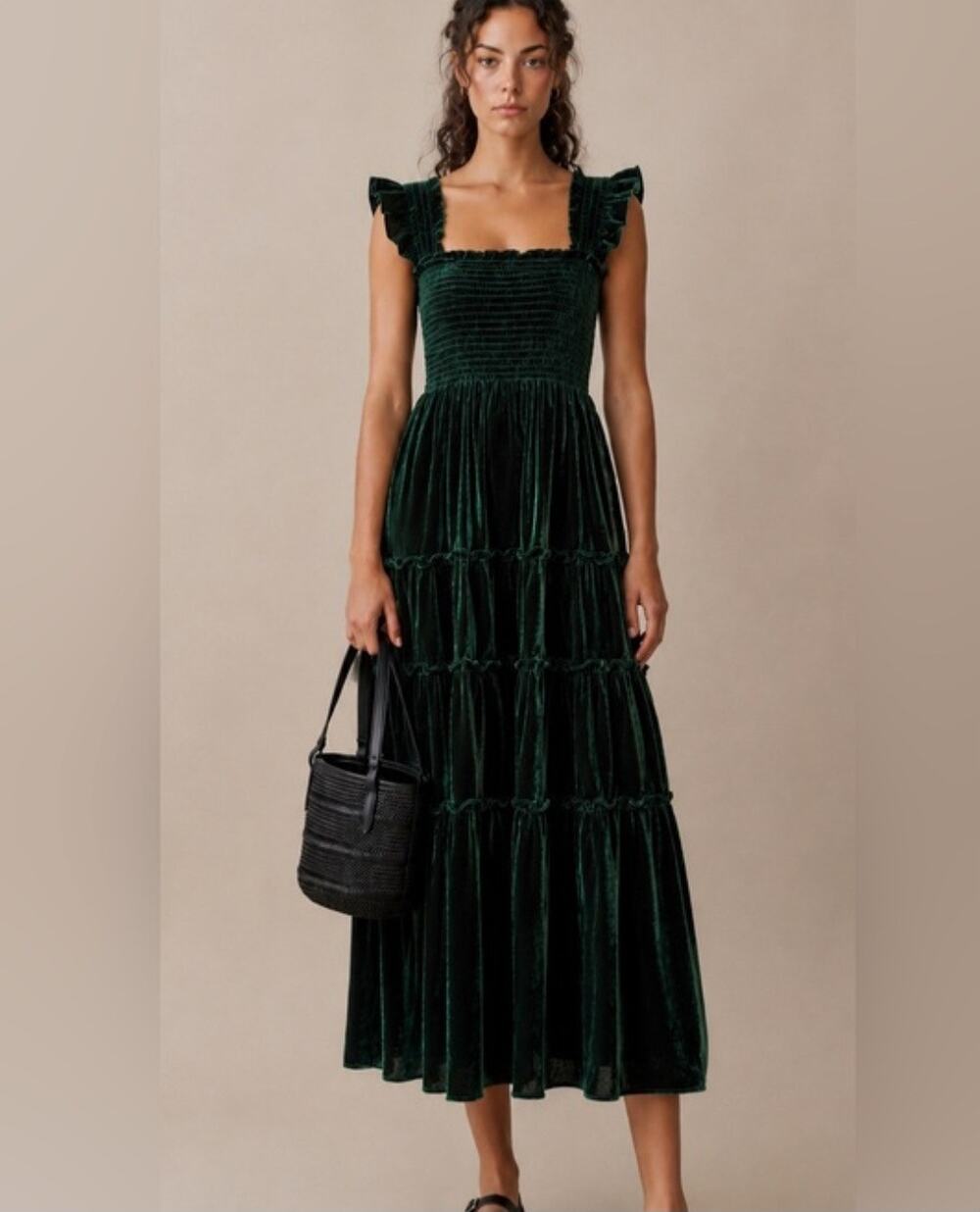 OPT Dark Green Velvet Snocked Maxi Dress M
